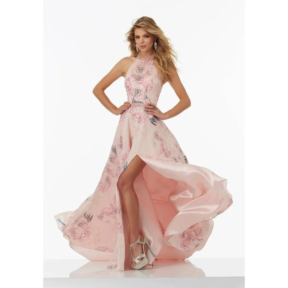 Morilee Prom Dress Pink Floral Beaded Halter Open Back Gown Size 4 99038 - Picture 1 of 16